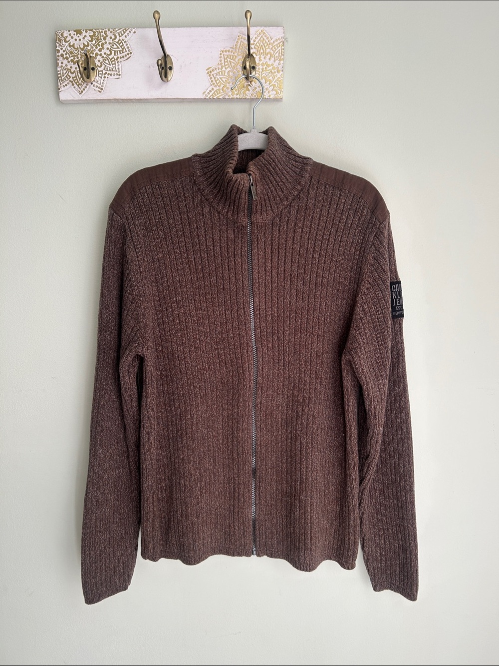 Calvin Klein Jeans Men's Full-Zip Ribbed Sweater - Brown